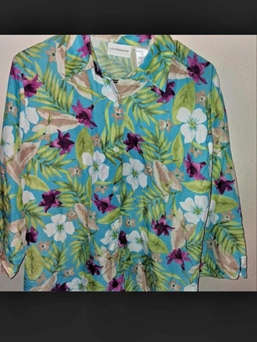 Liz Claiborne Floral Button Front Blouse in Green & Blue Size Medium Like